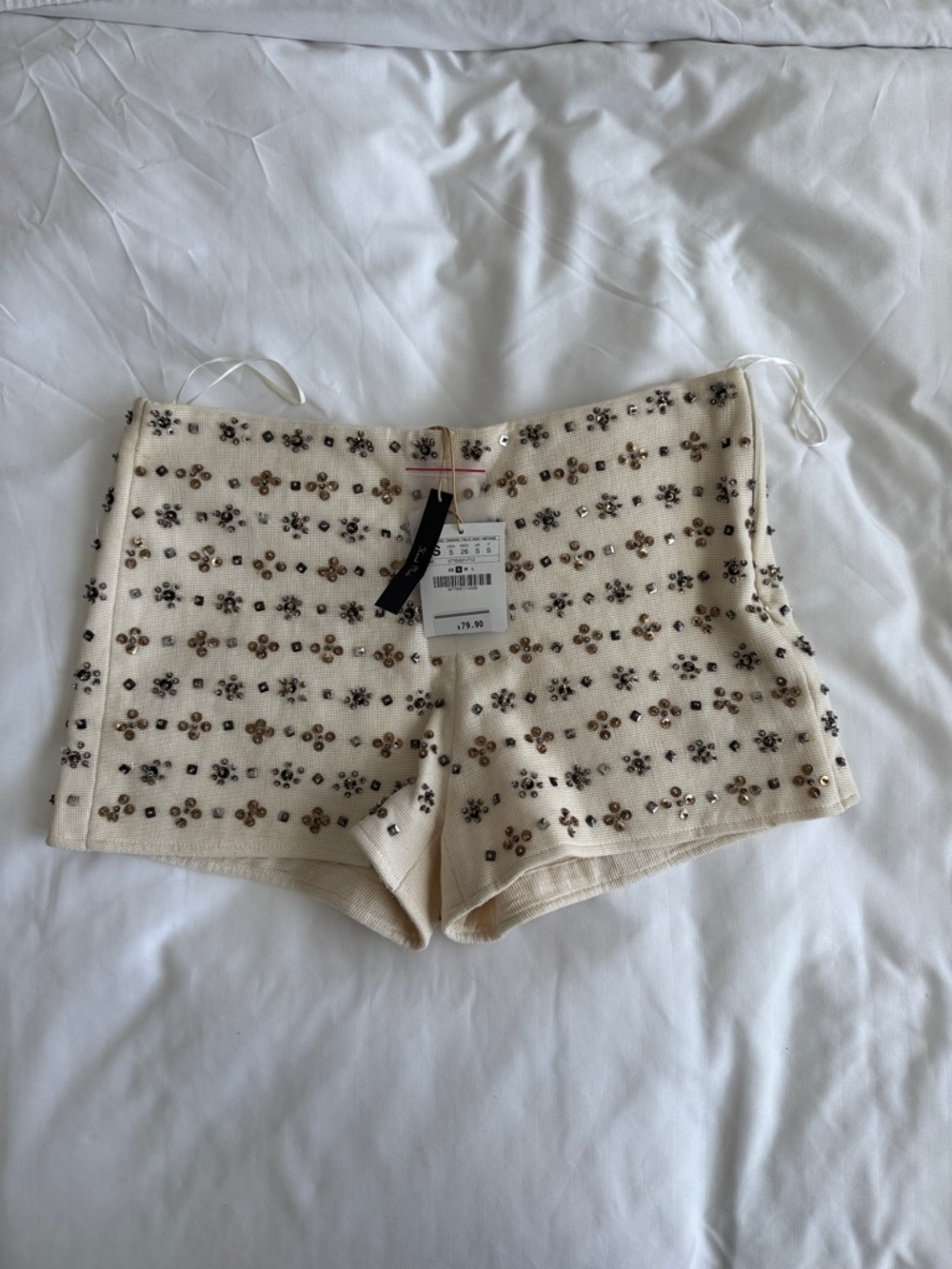 Zara Cream Embellished Beaded Shorts